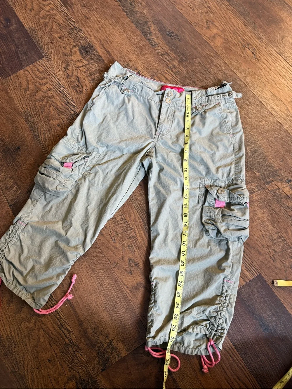 Y2K GLO jeans Sage Green Cargo Capris with Pink Accents And Silver Hardware